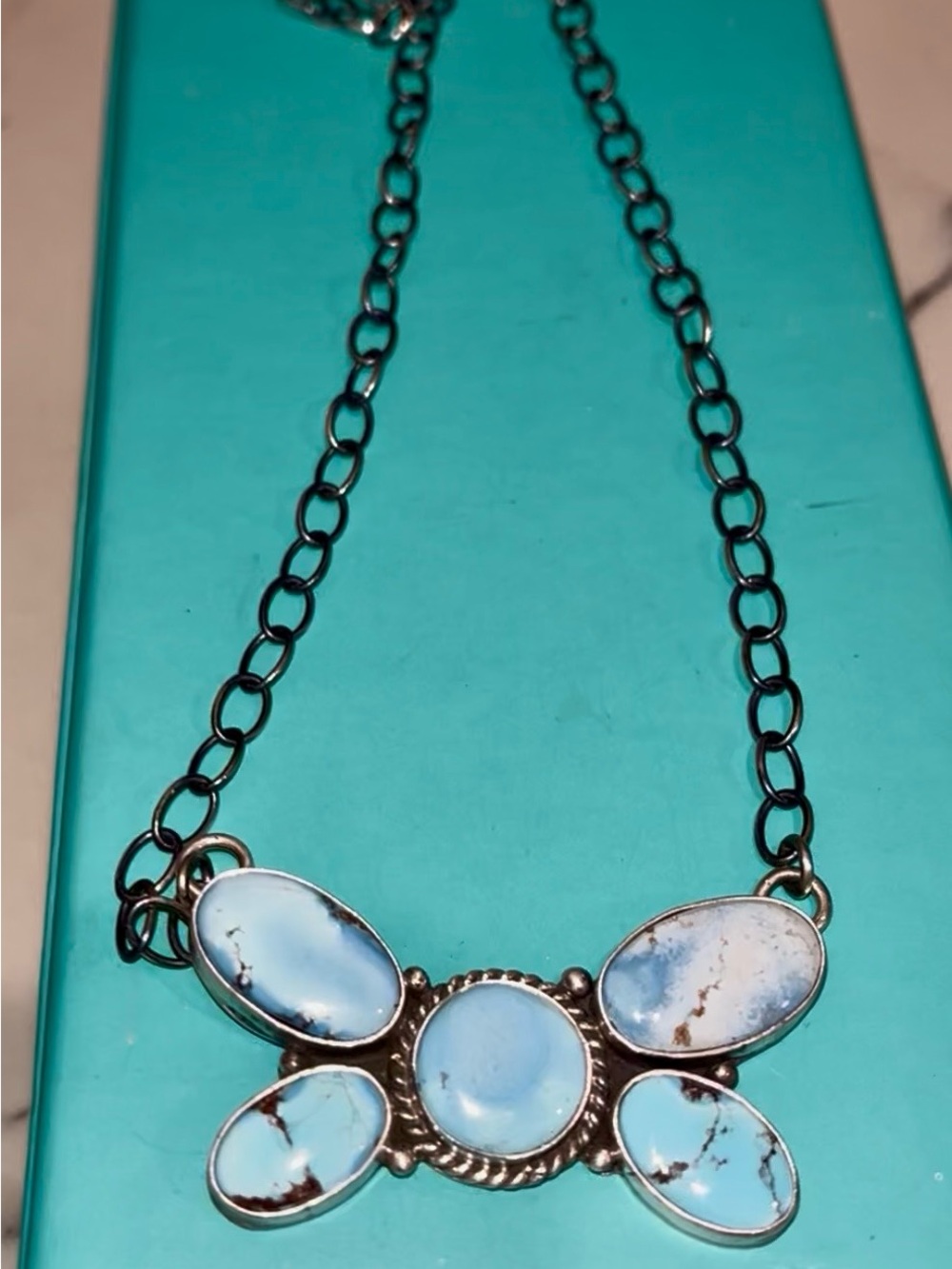 Butterfly Genuine Turquoise LightBlue WaterWash Stone Necklace